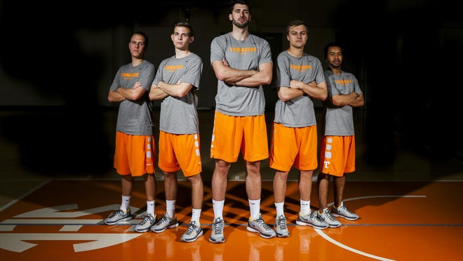 Tennessee basketball managers, from left, Parker Ratcliff, Parker Eidson, Dražen Zlovarić, Garrett Carter and I.J. Poole, will take part in a Final Four of student helpers on Friday.
