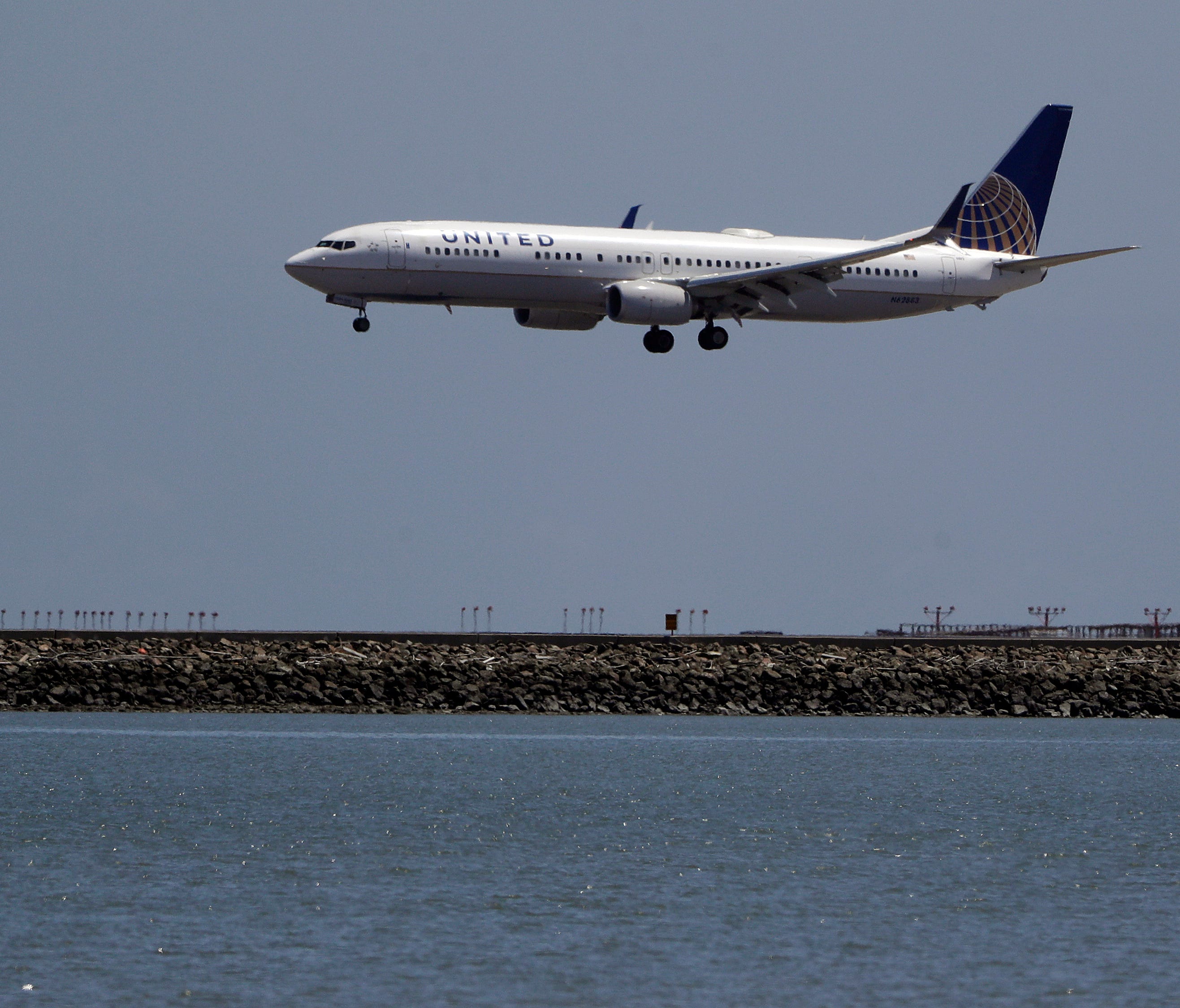 A United Airlines plane lands at San Francisco International Airport on July 11, 2017.