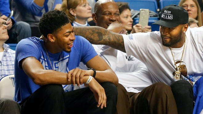 Former Cats, and current NBA stars, Anthony Davis and DeMarcus Cousins joke around at Big Blue Madness. Oct. 16, 2015