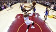 LeBron James goes up for a layup during Game 3.