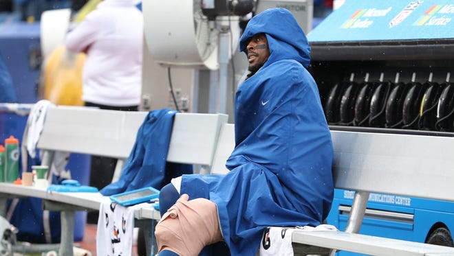 Indianapolis Colts wide receiver T.Y. Hilton (13) sits on the bench with his knee wrapped up in the second half of the game Sunday, September 13, 2015 at Ralph Wilson Stadium in Orchard Park NY. The Colts lost 27-14.