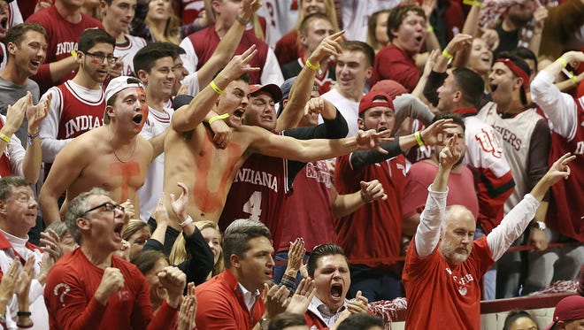 Fans in the stands of a sold out Assembly Hall go crazy during first half action between the Indiana Hoosiers and the North Carolina Tar Heels at Assembly Hall, Bloomington, Ind., Wednesday, Nov. 30, 2016.