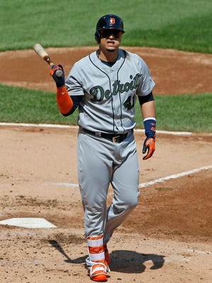 Tigers' Victor Martinez reacts after being called out on strikes in the fifth inning against the White Sox, Sunday, May 28, 2017 in Chicago.