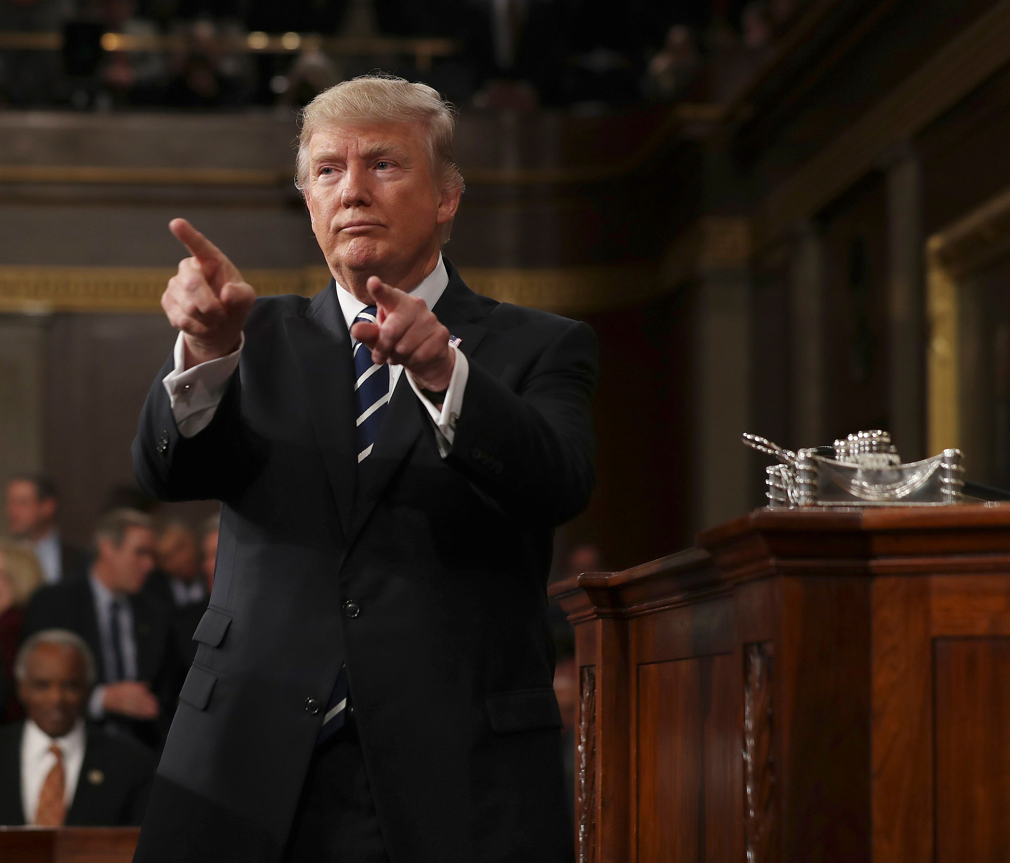 President Trump reacts after delivering his first address to a joint session of Congress from the floor of the House of Representatives in Washington, D.C., on Feb. 28, 2017.