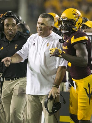 Arizona State coach Todd Graham instructs during the first quarter in the season opener against NAU at Sun Devil Stadium in Tempe on Saturday, Sept. 3, 2016.
