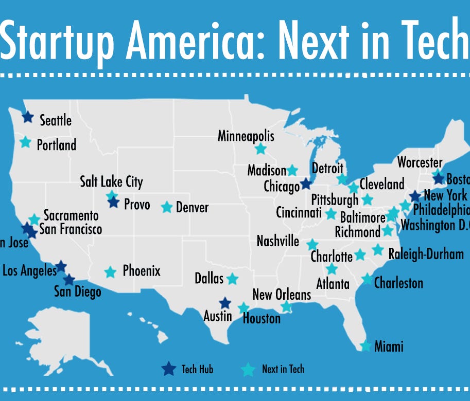 Tech hot spots in the USA.