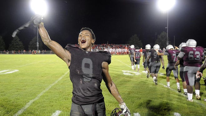 Liberty Tech's Saidrick Pewitte (9) celebrates their 20-16 victory over Henry County at Liberty Tech High School in Jackson, Tenn., on Friday, Aug. 19, 2016.