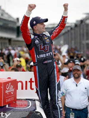 Xfinity driver William Byron celebrates winning the Lilly Diabetes 250 Xfinity race Saturday, July 22, 2017, afternoon at the Indianapolis Motor Speedway.