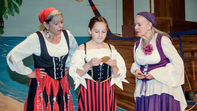 From left to right: Susan Locke playing Old Mathilda, Brylee Middleton playing Matty and Carla Kerr playing Rose rehearse a scene from "The Mystery of Pirate's Cove." Public performances are Friday and Saturday, May 6 and 7 at 7:30 p.m. at the Rohovec Theater at New Mexico State University-Alamogordo.