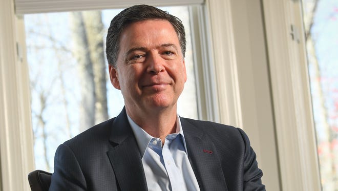 Former FBI director James Comey sits for an interview with USA TODAY reporters Susan Page and Kevin Johnson ahead of the release of his book, "A Higher Loyalty: Truth, Lies and Leadership," on April 13, 2018.