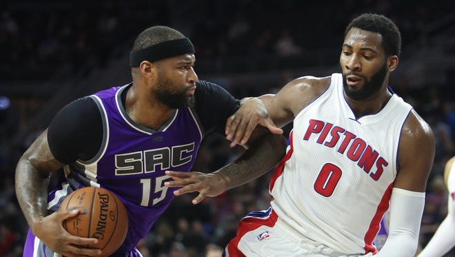 Pistons center Andre Drummond defends Kings center DeMarcus Cousins during the second quarter Monday, Jan. 23, 2017 at the Palace.