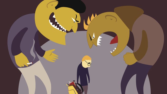 Getty Images/iStockphoto
Two scary bullies abuse a little kid with a school backpack, vector illustration