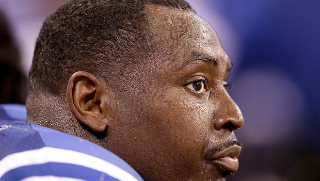 Indianapolis Colts defensive end Arthur Jones (97) sits dejected on the bench in the second half of their game Sunday, October 30, 2016, afternoon at Lucas Oil Stadium. The Colts lost to the Chiefs 30-14.