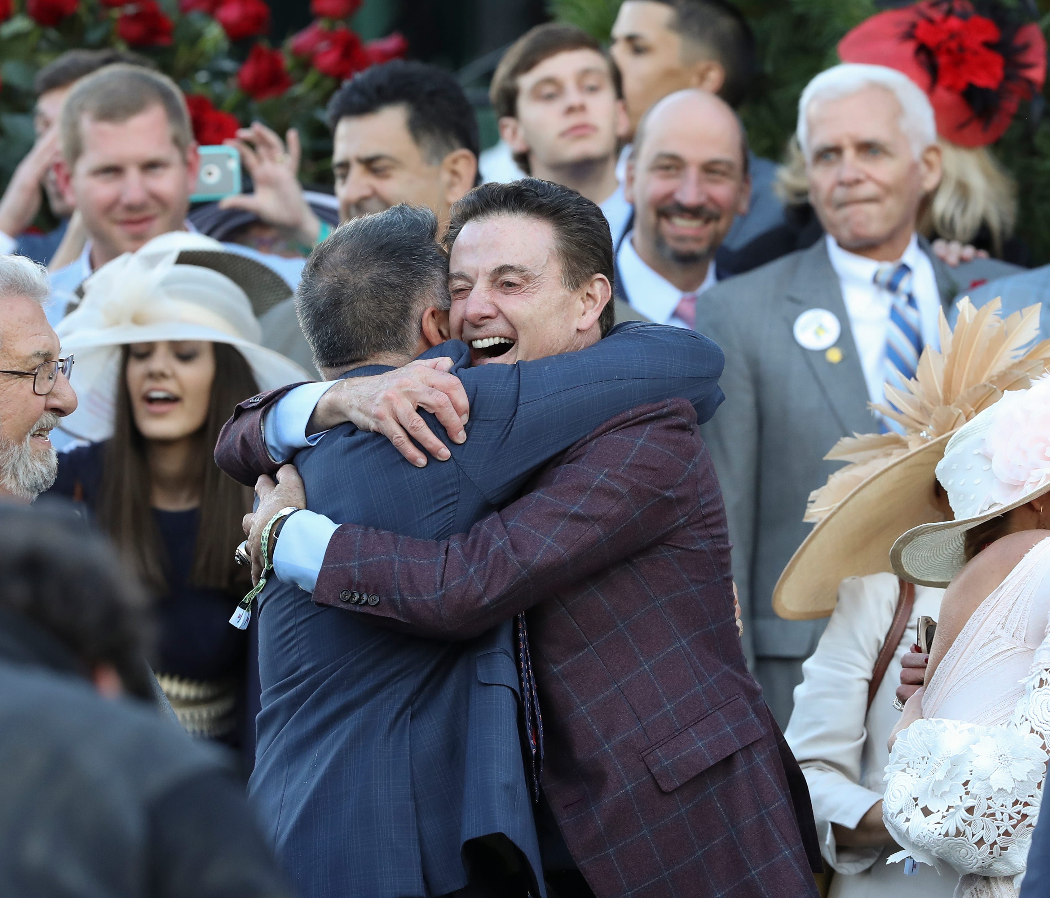 U of L head coach Rick Pitino celebrated in the winner's circle after jockey John Velazquez rode Always Dreaming to victory in The Kentucky Derby at Churchill Downs.    May 6, 2017