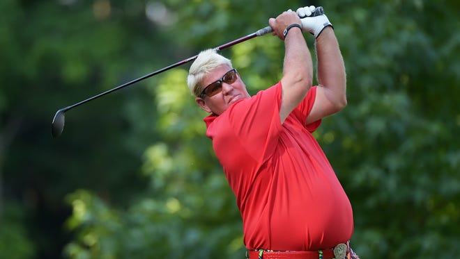 John Daly of the United States plays his shot from the third tee during the first round of the 2016 PGA Championship at Baltusrol Golf Club on July 28, 2016 in Springfield, New Jersey.