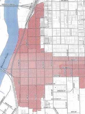 The red striped area is the expanded riverfront district Lafayette adopted in July 2017.