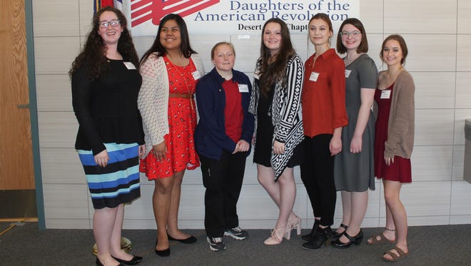 Kamea Wheeler, left, Caitlyn Denet, McKenna Martinelli, Grace Mesarchik, Samantha Dye, Sierra VanRiper and Kortney Horn are among the students earning Good Citizen awards from the Desert Gold Chapter of the Daughters of the American Revolution. Recipient Samantha Yazzie is not pictured.