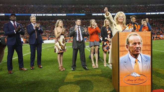 Annabel Bowlen, wife of Denver Broncos owner Pat Bowlen, speaks at a ceremony inducting Pat Bowlen into the Broncos Ring of Fame in 2016. Two daughters of Pat Bowlen are mentioned as possible successors to their father's team.