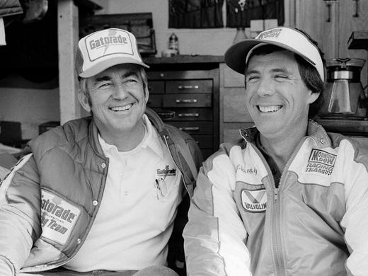 Darrell Waltrip, right, and Bobby Allison share a smile