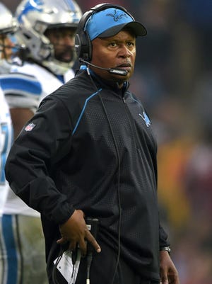 Detroit Lions coach Jim Caldwell reacts during a 45-10 loss to the Kansas City Chiefs in game 14 of the NFL International Series at Wembley Stadium on Sunday, Nov. 1, 2015.