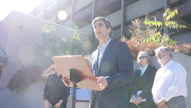 Mayor Miro Weinberger speaks to media outside the Burlington Town Center Tuesday. Weinberger is launching a campaign to organize support for four ballot items that voters will see in November.