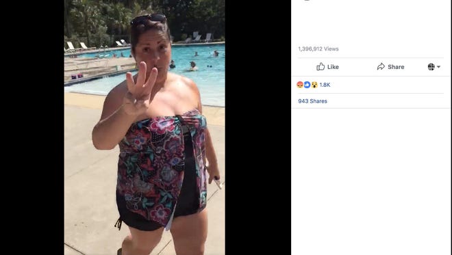 A Facebook post from user Rhe Capers shows a video of a woman's poolside confrontation.