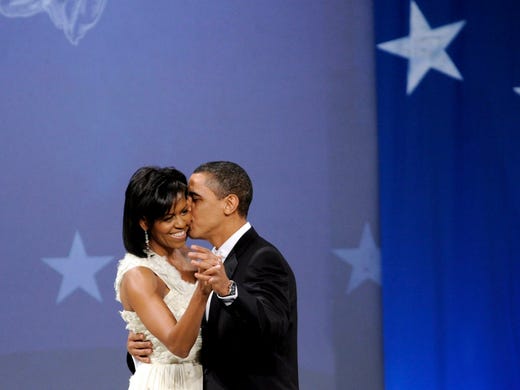 President Obama and Michelle dance during the Biden