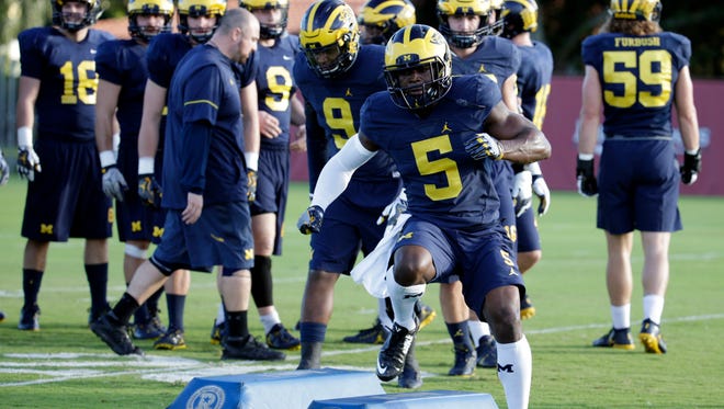 Michigan linebacker Jabrill Peppers (5) runs drills during practice, Tuesday, Dec. 27, 2016, in Miami. Michigan played Florida State in the Orange Bowl Friday but Peppers wasn't in action after reportedly injuring himself prior to the game.