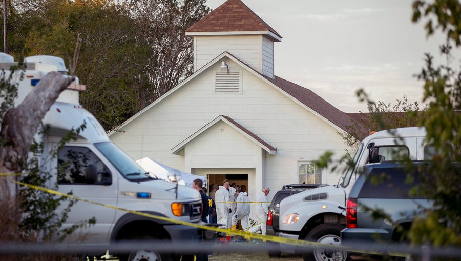 Investigators work at the scene of a deadly shooting at the First Baptist Church in Sutherland Springs, Texas, on Nov. 5, 2017.