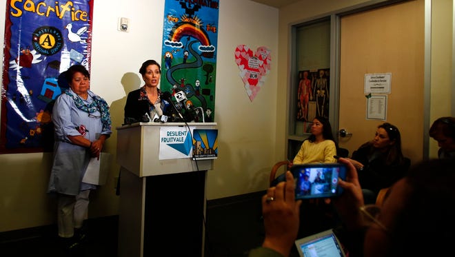 In this Sunday Feb. 25, 2018 photo, Oakland Mayor Libby Schaaf holds a press conference to address potential Immigration and Customs Enforcement activity in the area at Fruitvale Village in Oakland, Calif. In an unprecedented warning, Schaaf alerted residents of large-scale raids by ICE agents in the San Francisco Bay Area within 24 hours.
