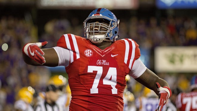 Left tackle Greg Little (74) will have one of his toughest matchups this season against LSU's Arden Key this weekend.
