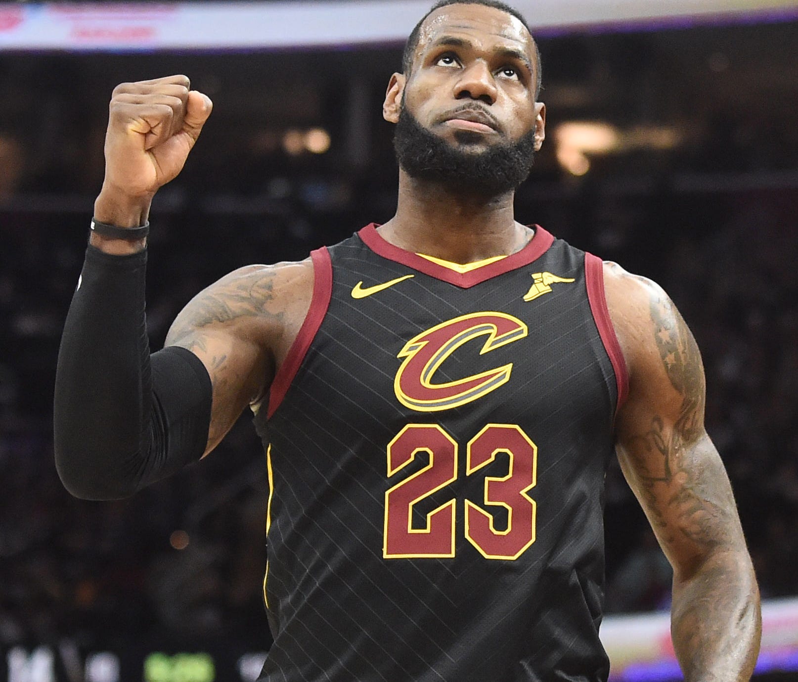 Cleveland Cavaliers forward LeBron James (23) reacts after a basket during the first half against the Indiana Pacers in game seven of the first round of the 2018 NBA Playoffs at Quicken Loans Arena.