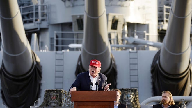 Republican presidential candidate Donald Trump speaks during a campaign event aboard the retired ship USS Iowa in Los Angeles on Tuesday, Sept. 15, 2015.