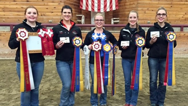 UW-River Falls western equestrian team members (from left) Danielle Paulson, Mikayla Mack, Autumn Kappers, Ashley Gapinski, Rachel Shamro have earned the right to compete at IHSA semi-finals March 24-25.