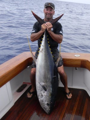 Anglers on 25 teams will vie for top honors in the 18th Annual Ed Dwyer Otherside Invitational this weekend. Dwyer, the tournament founder, is seen here with his personal best 140-pound yellowfin caught off Port Canaveral on the east side of the Gulf Stream.