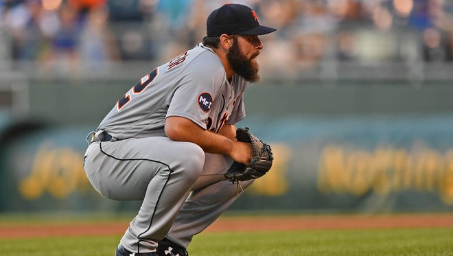 Tigers pitcher Michael Fulmer (32) reacts after giving up a series of runs during the first inning on Thursday, July 20, 2017, in Kansas City, Mo.