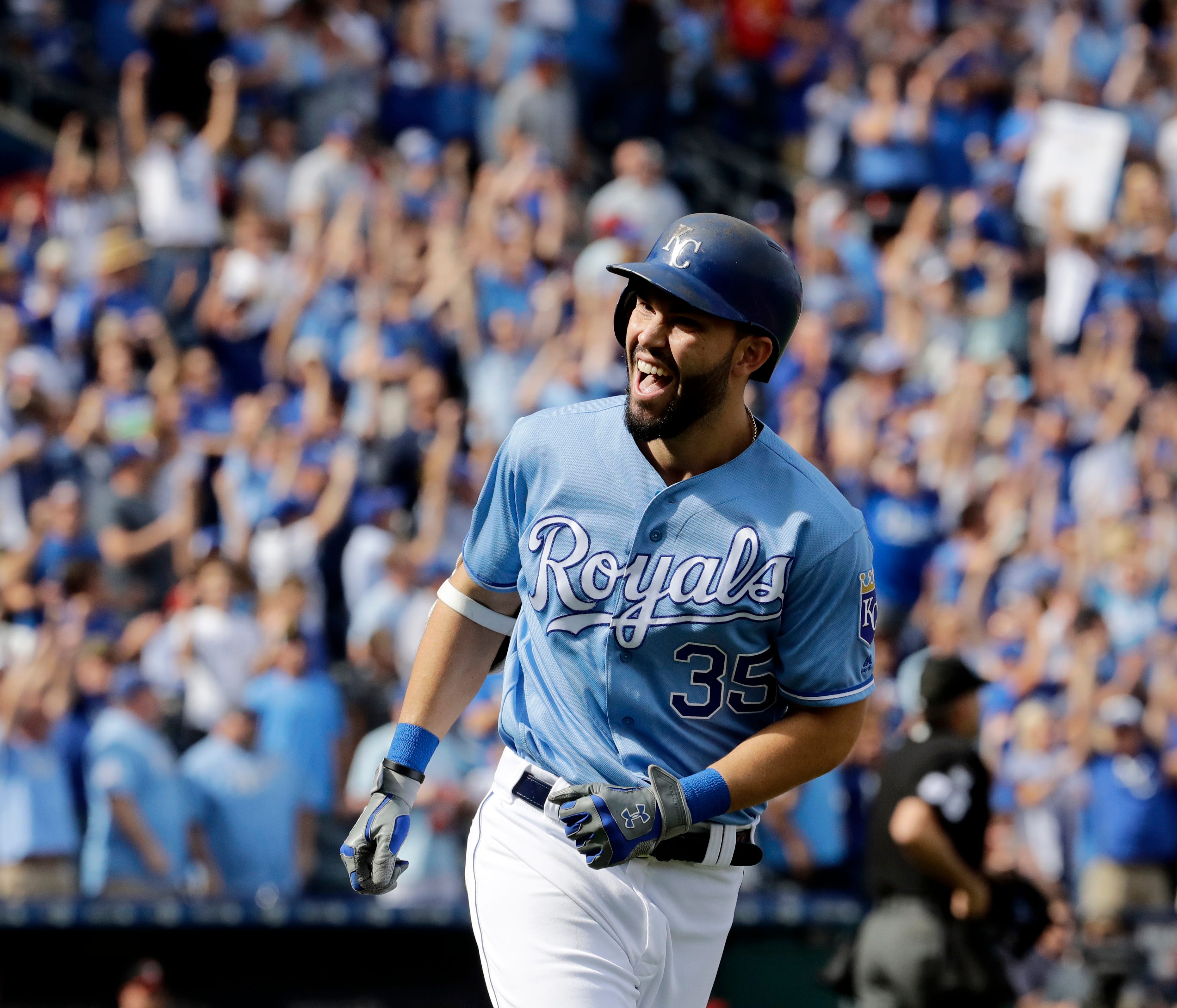 Kansas City Royals' Eric Hosmer celebrates after hitting a solo home run during the first inning of a baseball game against the Arizona Diamondbacks Sunday, Oct. 1, 2017, in Kansas City, Mo. (AP Photo/Charlie Riedel) ORG XMIT: MOCR104