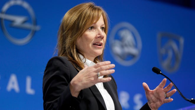General Motors CEO Mary Barra addresses the Global Business Conference for investors in Milford on Wednesday, Oct. 1, 2014.