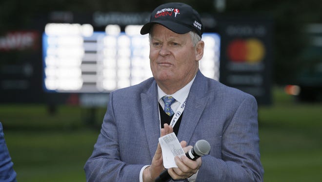 Johnny Miller stands on the 18th green of the Silverado Resort during the trophy presentation of the Safeway Open. in Napa.
Miller says he thought this might be his final year in the broadcast booth for NBC Sports so he could spend more time with his 23 grandchildren. But in a telephone interview Monday, July 10, 2017, he said he will stick around for at least another year. This is his 28th year working for NBC.(AP Photo/Eric Risberg, File)
