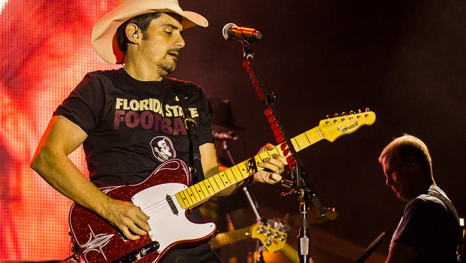 Country singer, Brad Paisley, in concert outside of Doak Campbell Stadium on Langford Green on October 8, 2015.