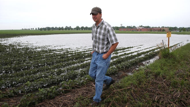 Dallas Center farmer Jon McClure observes damage to an 80-acre field of soybeans on Friday. Severe weather that dumped several inches of rain over parts of the region is threatening crops. “It’s just hard to watch,” said McClure, who farms several properties in the area.