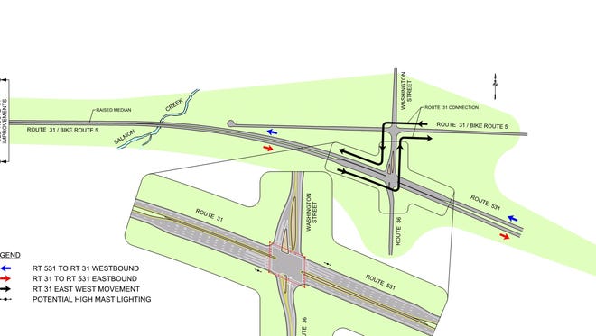 An illustration of the proposed conventional intersection at Route 531 and Washington Street.