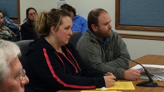 Christy Tuchel, owner of Kinship Companions in Oostburg, and her manager Anthony Keyport, are pictured appearing befor the Wilson Town Board on Jan. 19.