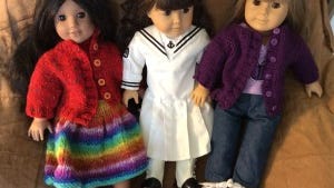 Last night, I sent these three dolls to the Butterfly Ministry for Girls. Josefina and Gwen (or doll #12) are wearing jacket sweaters I made from this pattern.