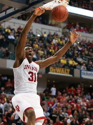 Indiana’s Thomas Bryant, #31, dunks against Michigan during the Big Ten Conference Tournament in Indianapolis.Mar. 11, 2016