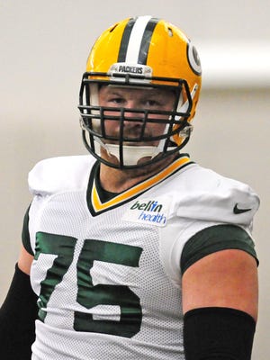 Green Bay Packers tackle Bryan Bulaga during training camp in August 2014.