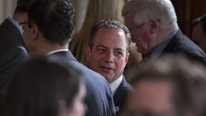 White House Chief of Staff Reince Priebus stands with others to leave the East Room of the White House in Washington, Wednesday, July 26, 2017. (AP Photo/Carolyn Kaster)
