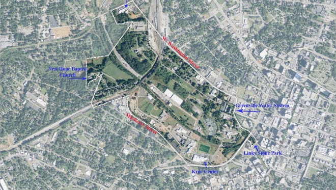 Map outlining Greenville's planned park district.