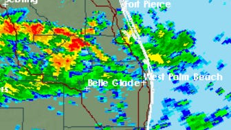 This radar graphic provided by the National Weather Service in Melbourne shows the conditions around Martin County at 5:15 p.m. Sunday, June 18, 2017.