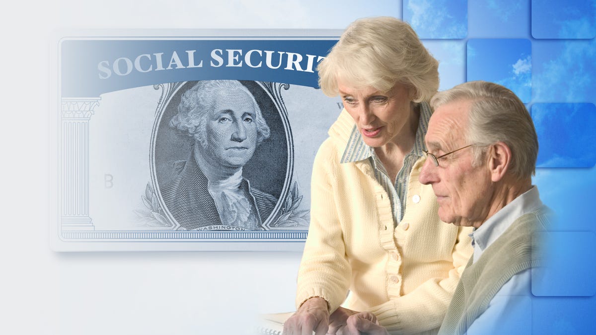 A senior couple with a Social Security card that has a dollar bill superimposed in it.